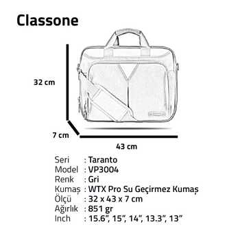 Taranto VP3004 15.6 ,inch Su geçirmez kumaş ,Laptop,Notebook Çantası-Gri
